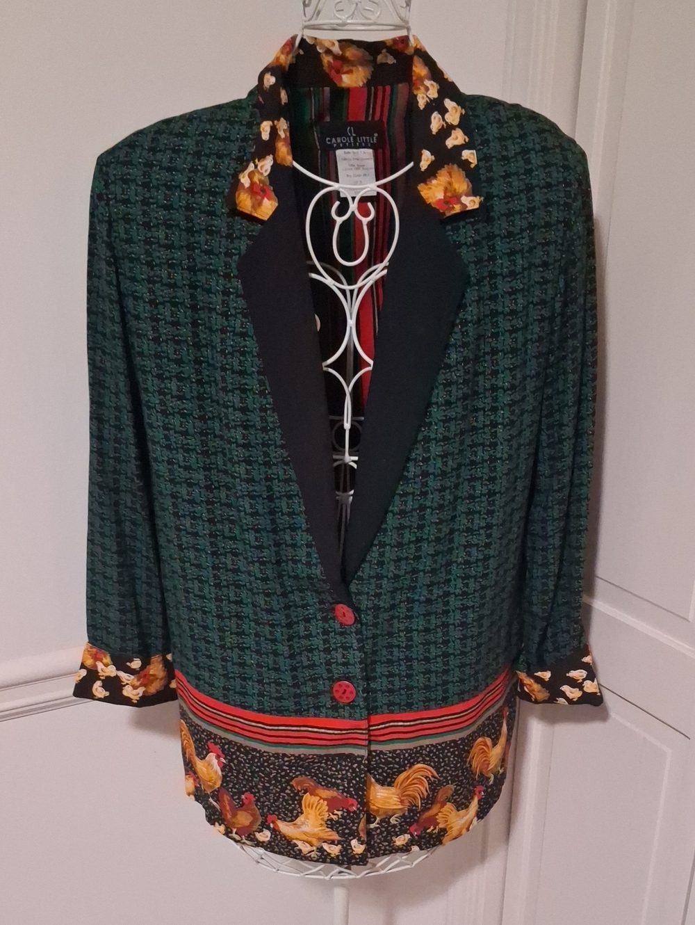 Carole Little Green Patterned Blazer with Floral and Rooster Trim